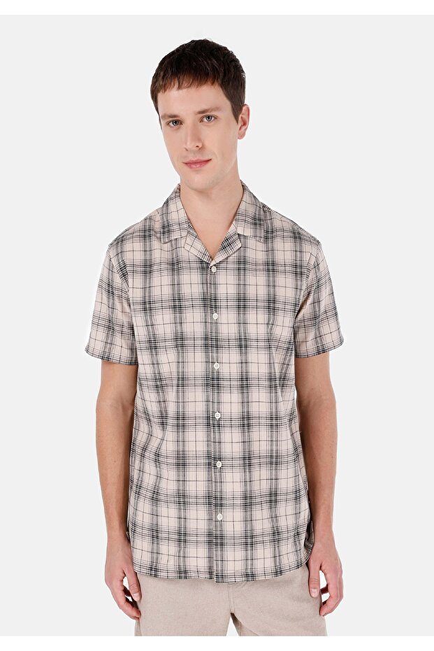 Regular Fit Shirt Neck Checked Men's Beige Short Sleeve Shirt