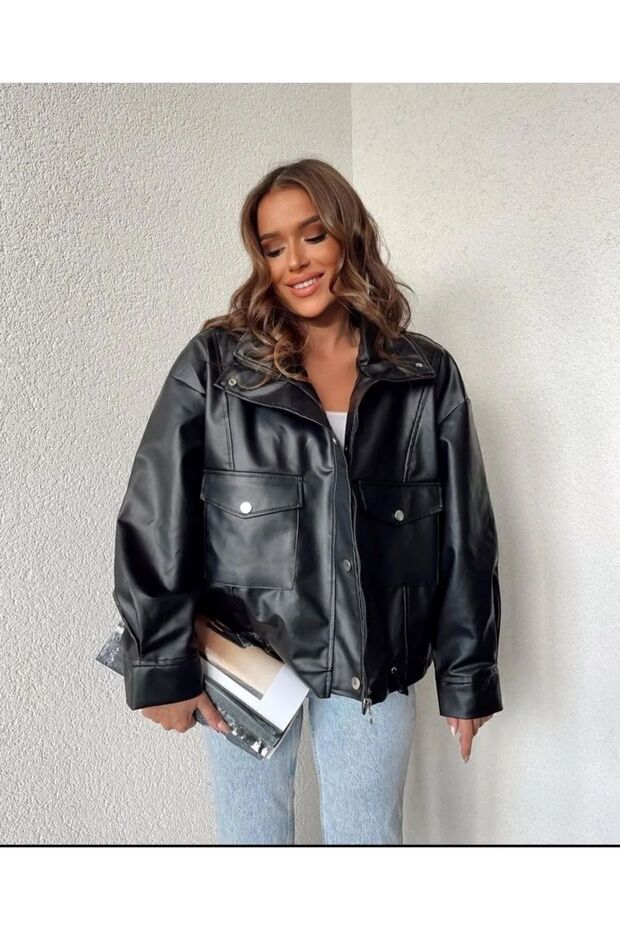 Double Pocket Side Gathered Oversized Leather Jacket