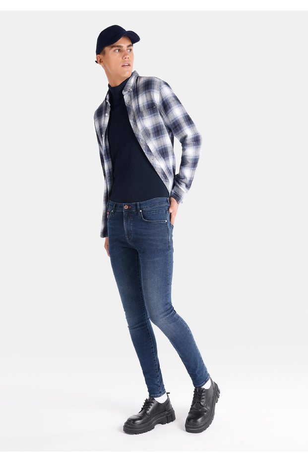 Skinny Fit Low Waist Narrow Leg Men's Dark Indigo Jean Trousers