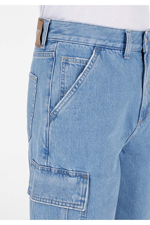Cargo Fit Orta Bel Düz Erkek İndigo Jean Şort - 5