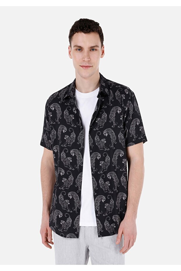 Regular Fit Shirt Neck Printed Men's Black Short Sleeve Shirt