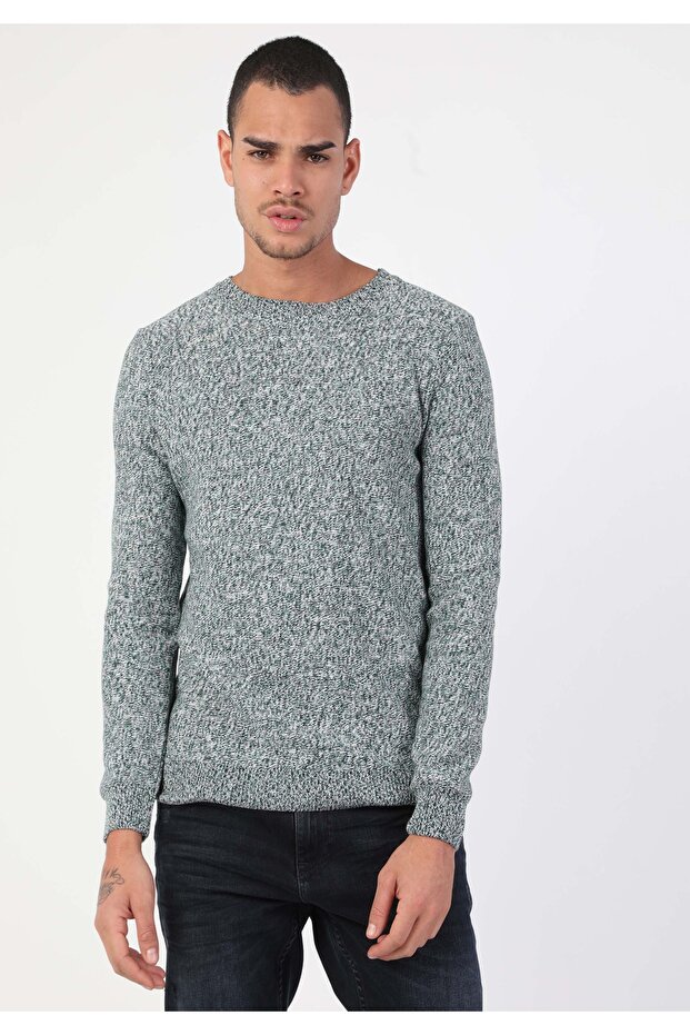 Slim Fit Round Neck Men's Green Sweater