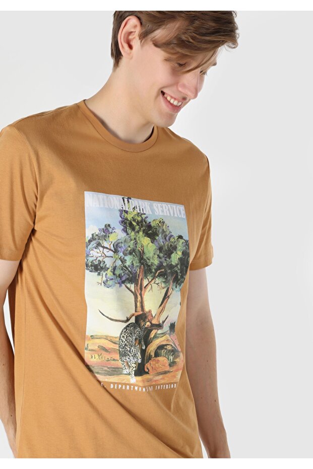 Regular Fit Round Neck Men's Brown Short Sleeve T-Shirt