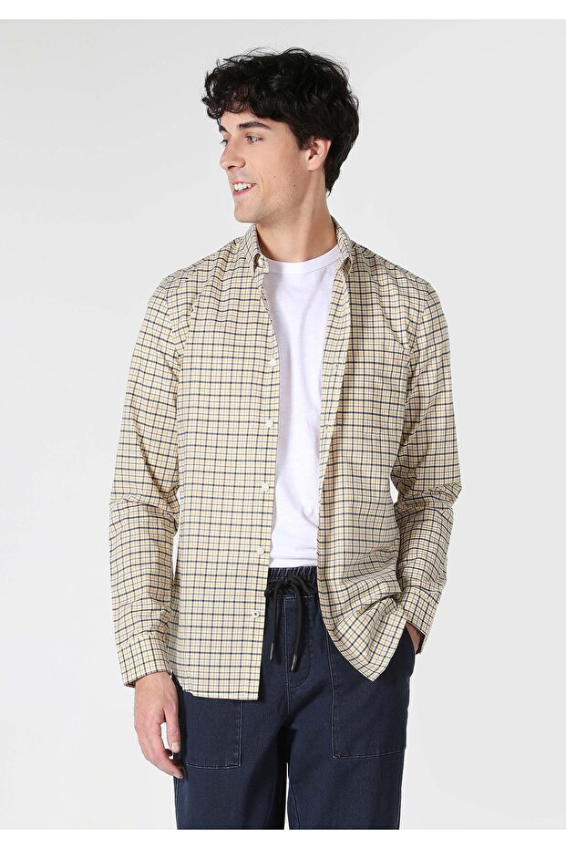 Slim Fit Shirt Neck Plaid Li Men's Yellow Long Sleeve Shirt