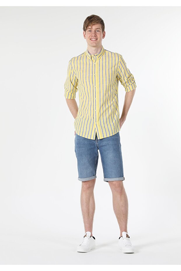 Regular Fit Shirt Neck Men's Yellow Long Sleeve Shirt