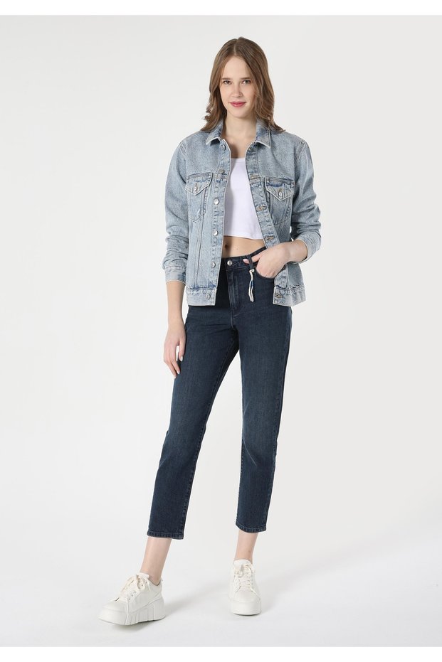 Slim Fit Mid Waist Shrinking Leg Women's Dark Indigo Jean Pants