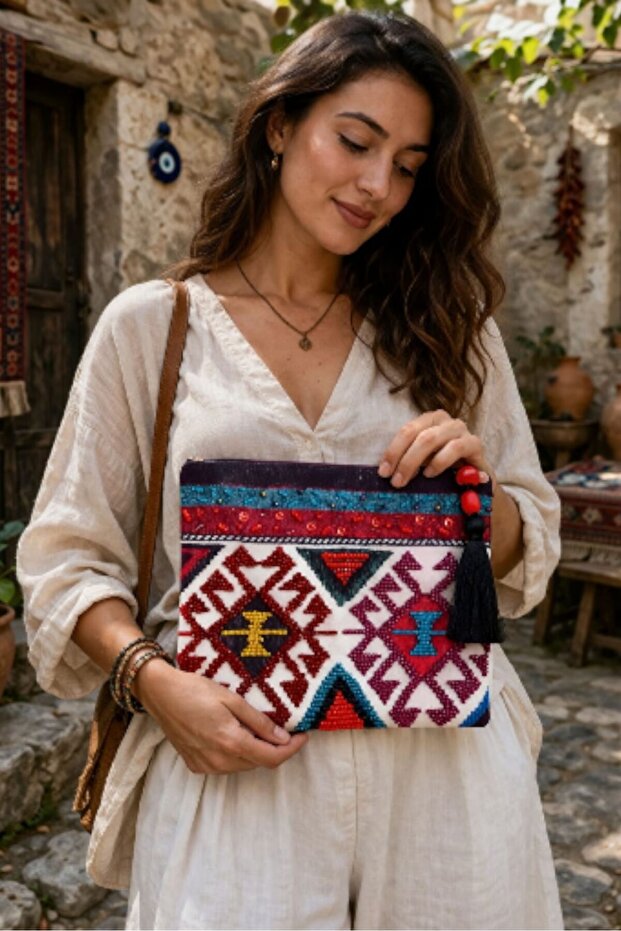 - Sümeyya 2589 9816 Handmade Ethnic Kilim Pattern Burgundy Beaded Tassel Clutch Bag