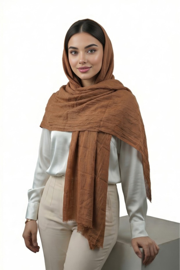 Bamboo Kraş Cotton Shawl ◇ Camel ◇ No-Iron Wrinkle Texture ◇ Non-Slip Breathable Lightweight Fabric
