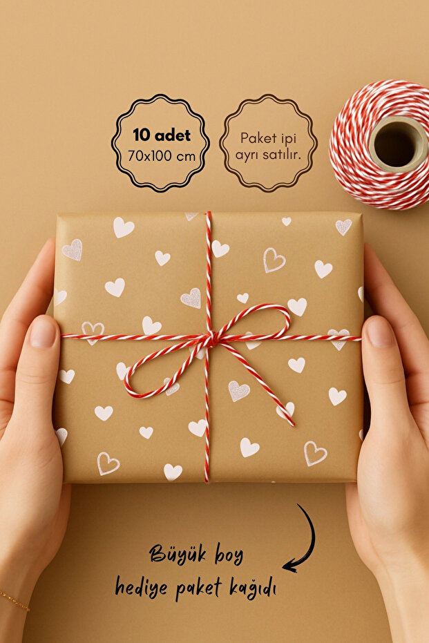 Bimotif 10lu Ambalaj, Paket Kağıdı, 70x100 cm Kalp Desenli, Kraft-Beyaz