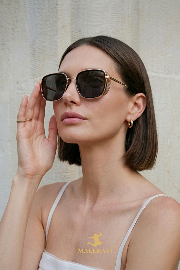 نظارات شمسية Izara للجنسين بإطار معدني ذهبي مستطيل أسود UV400