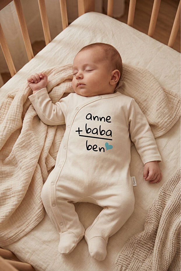 Baby Boy/Girl Romper with Booties, Mom and Dad Printed Snap Fastener Ecru Bodysuit Romper 5591