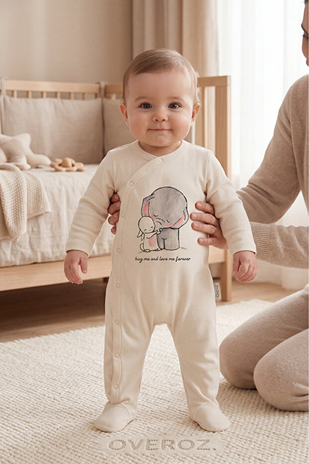 Baby Boy/Girl Overalls with Booties, Elephant Printed Snap Fastener Ecru Bodysuit Overalls 5103