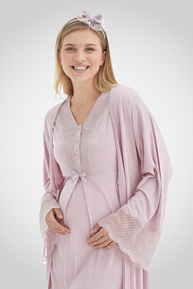 Women's Dusty Rose Special Design Lace Buttoned Maternity Maternity Dressing Gown Nightgown Set