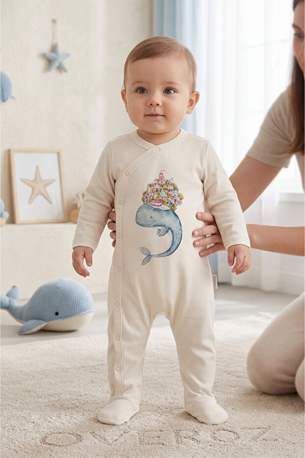 Baby Boy/Girl Romper with Booties, Whale Printed Snap Fastener Ecru Bodysuit Romper 5005