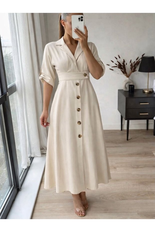Women's Summer Beige Buttoned Shirt Collar Midi Length Linen Dress 11B-6722