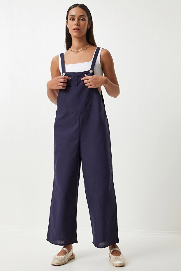 Women's Navy Blue Summer Gabardine Gardener Overalls with Front Pocket and Straps
