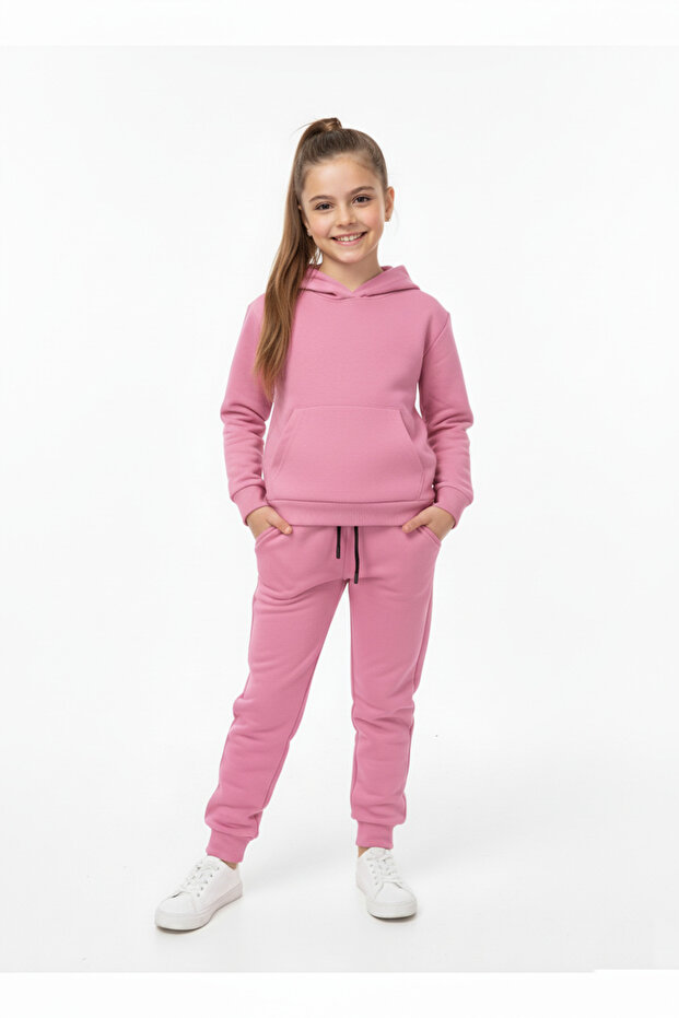 Basic Plain Hooded Children's Tracksuit with Kangaroo Pocket Mnk0611 Dried Rose