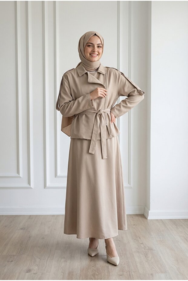 Tünay Cross Zipper Skirt Suit-Gs3881 Stone
