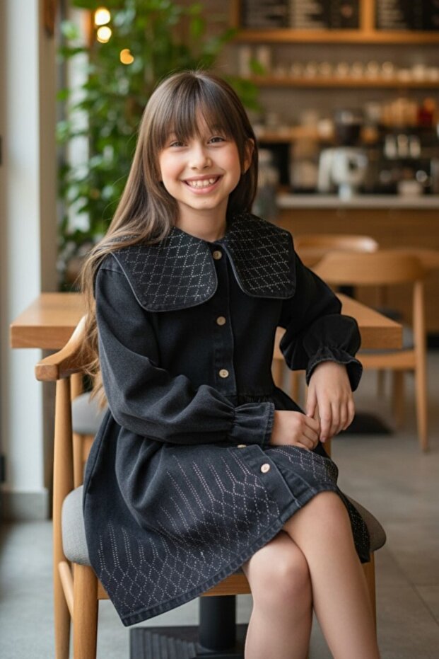 Girl's Black Festive Stoned Denim Dress