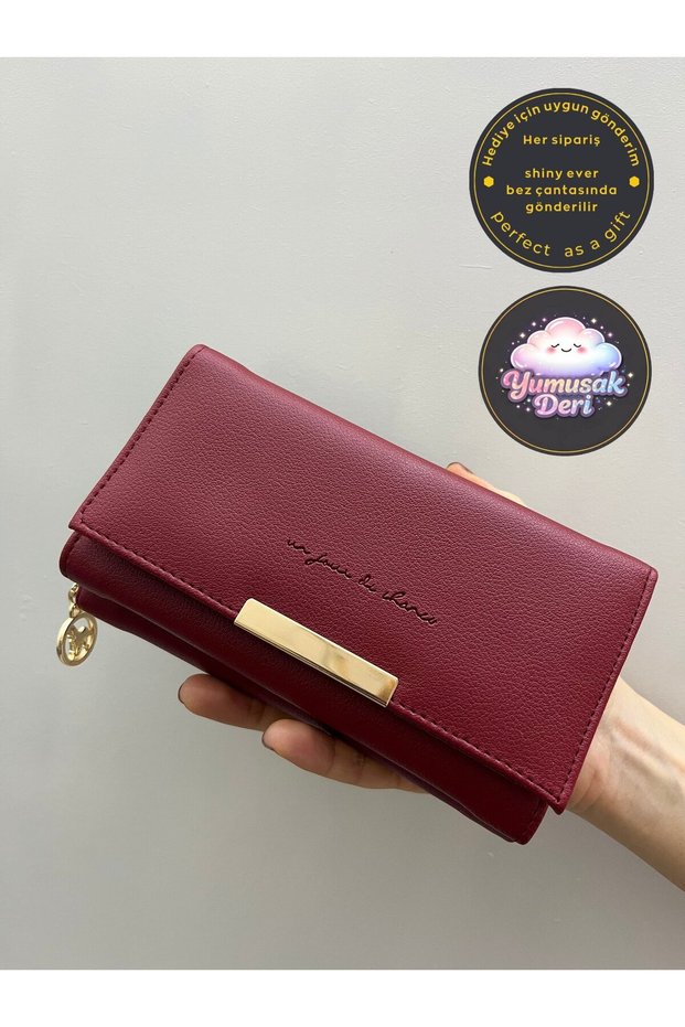 Burgundy Soft Leather Women's Wallet Clutch Bag with Gold Detail