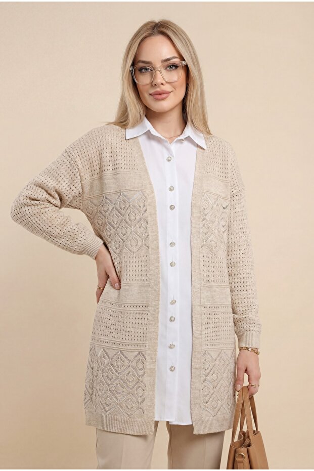 Openwork Knitwear Cardigan - Stone Seasonal