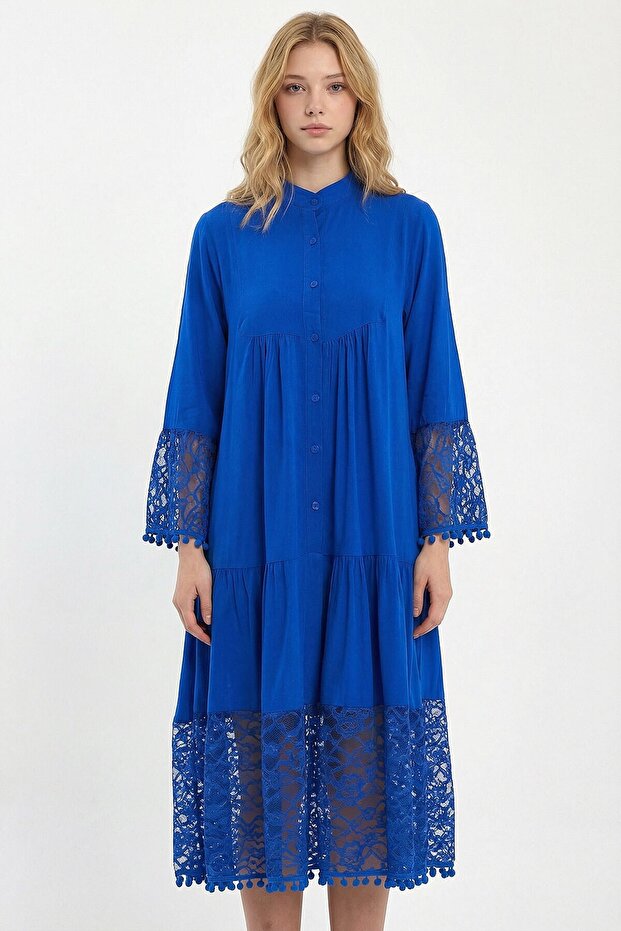 Women's Cobalt Blue Tulle Detailed Long Woven Viscose Dress