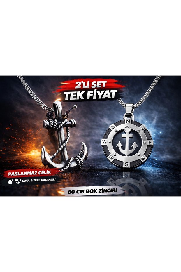 Stainless Steel Anchor and Compass Necklace Set of 2 Men's Necklace