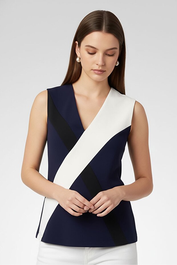 Women V-Neck Sleeveless Textured Top, Multicolor