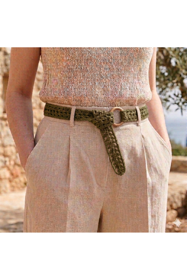 Paper Rope Woven Belt, 115 cm, Khaki