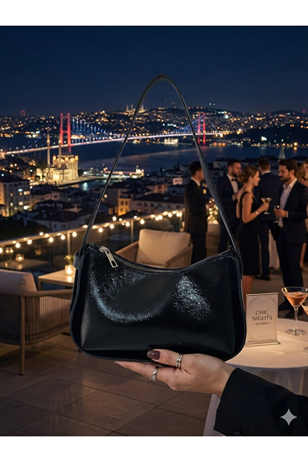 Black Patterned Patent Leather Baguette Shoulder and Hand Bag