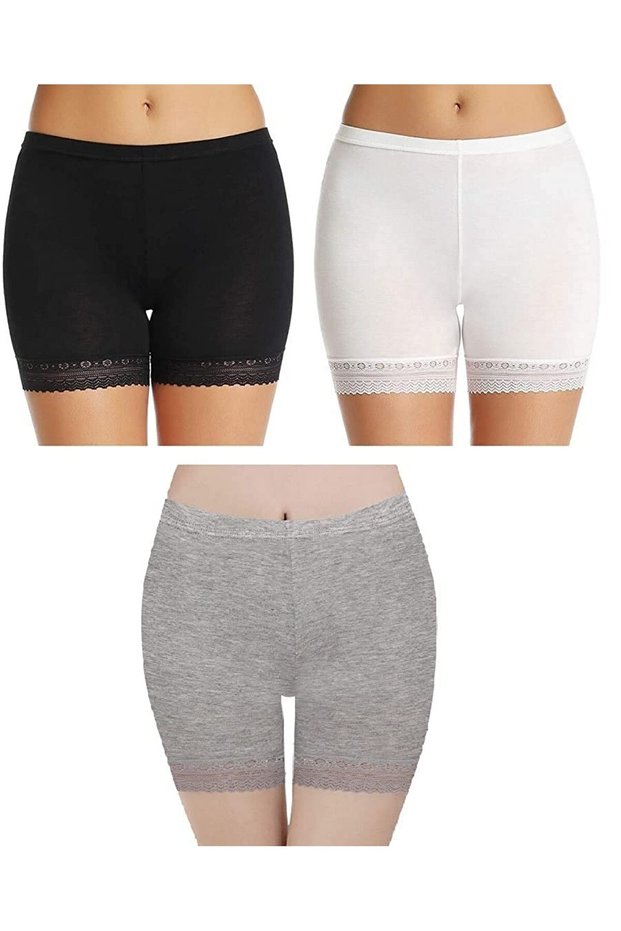 Women's/Girl's Cotton Lycra Shorts With Lace Trim Cycling/Safety/Under Skirt/Night Shorts, Pack Of 3