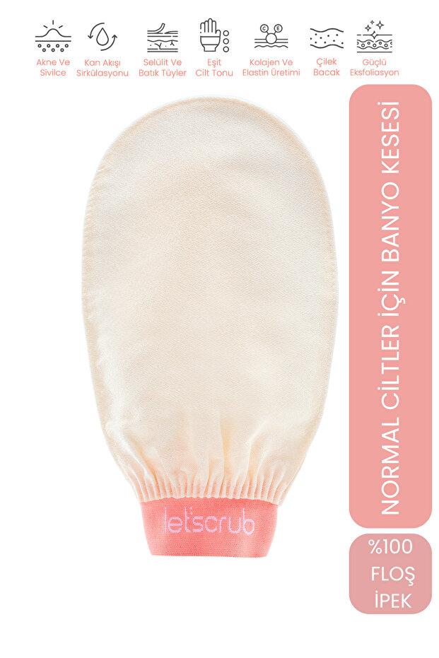 LET'SCRUB 1 Adet Ekru Banyo Duş Kesesi Peeling Eldiveni %100 Floş Ipek Normal Ciltler Için