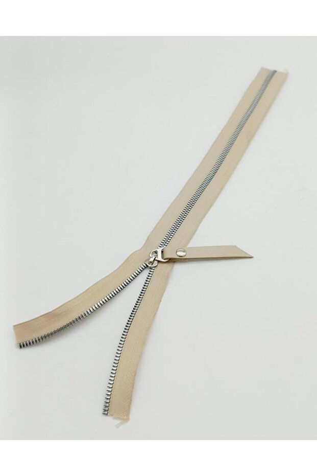 Beige Zipper 40 Cm Silver Metal with Real Leather Head