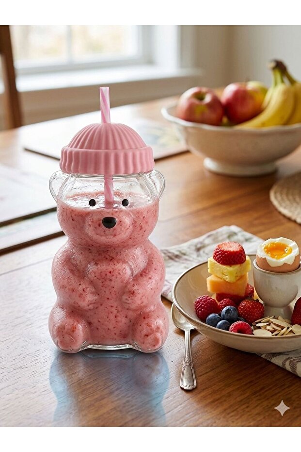 Bear Shaped Borosilicate Glass Mugs with Silicon Lid and PP Straw