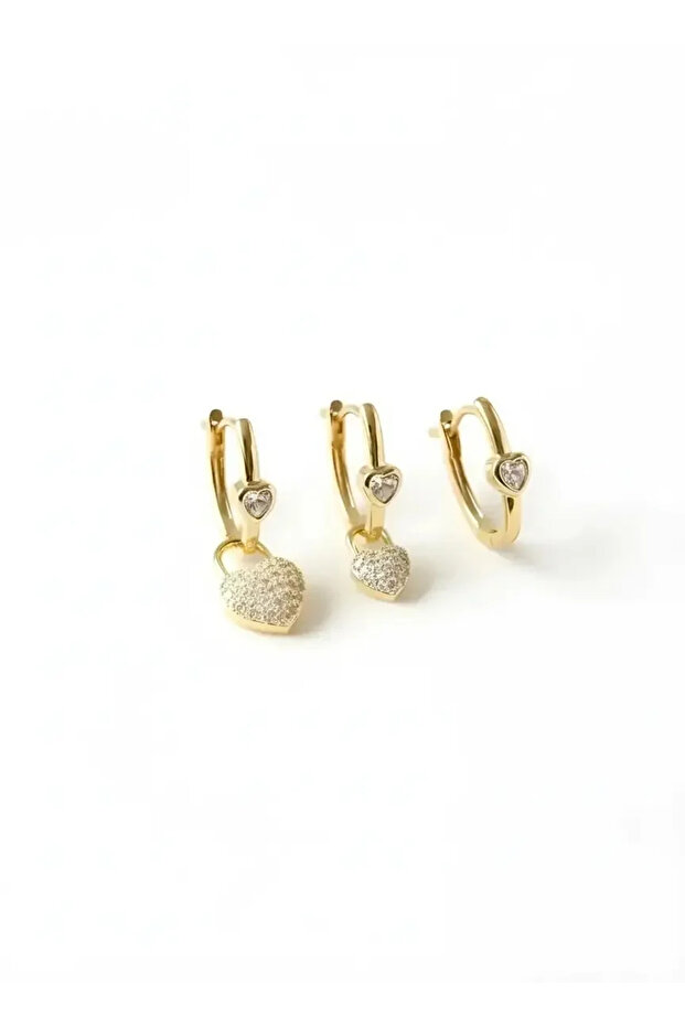 Zircon Stone Heart Figured 3-Piece Gold Plated Stainless Steel Earring Set