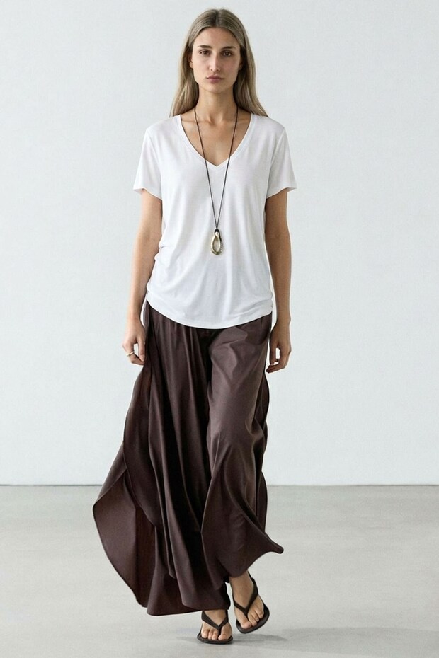 Front and Back V-Neck Basic Viscose Blend T-Shirt - 1