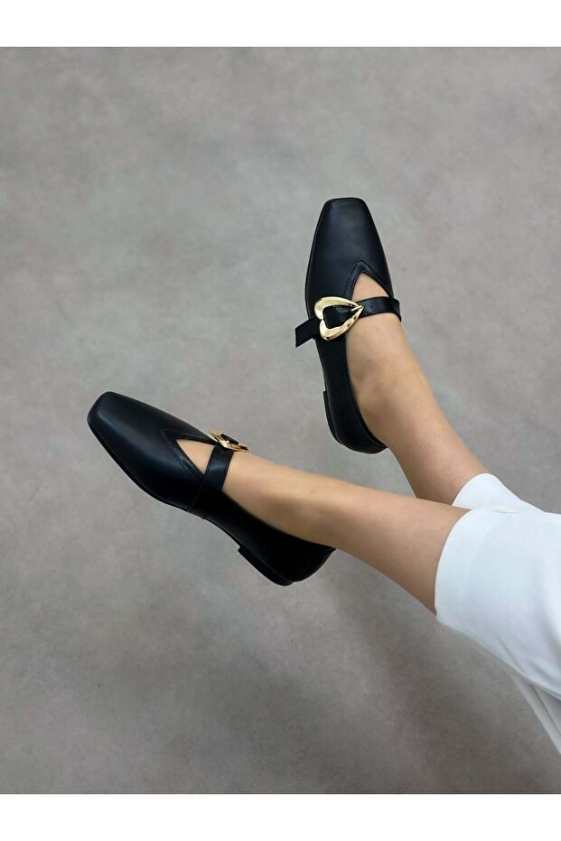 Black Leather (Lovely) Heart Accessory Women's Ballerinas