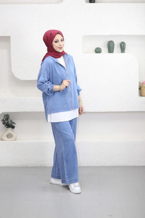 5869 - Stylish Comfortable Thin Denim Fabric Women's Soft Pants K Hooded Jacket Set