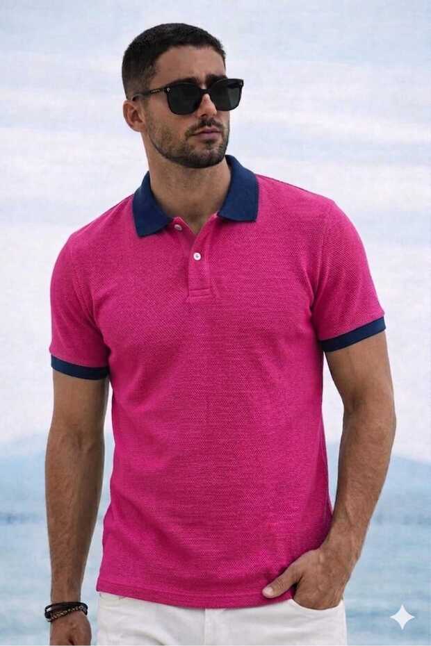 Polo Collar T-Shirt / Fuchsia - Navy Blue Collar