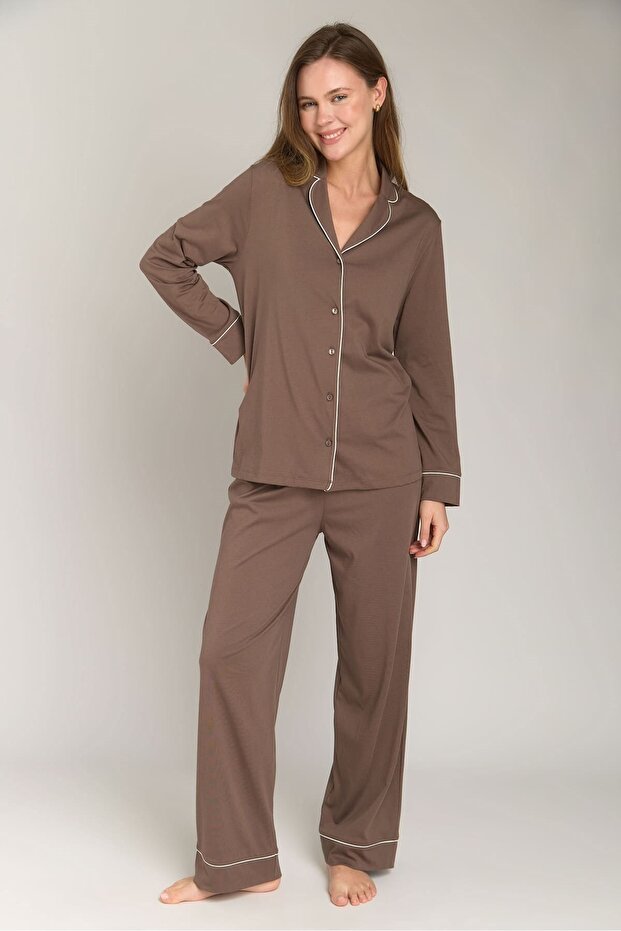 Nina Knitted Long Sleeve Shirt and Pants Set Pajama Set - Bitter Brown