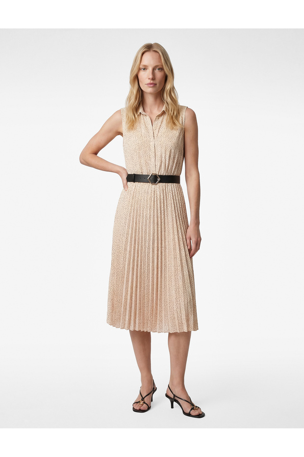 Chiffon Sleeveless Belted Midi Polka Dot Pleated Shirt Dress
