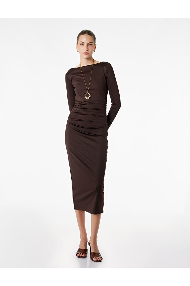 Slim Fit Long Sleeve Round Boat Neck Draped Detail Pencil Dress