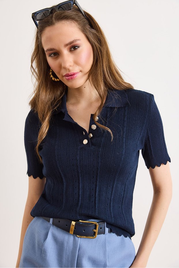 Women's Navy Blue Polo Collar Sleeve and Hem Wavy Cotton Knitwear Blouse Blz-19003285