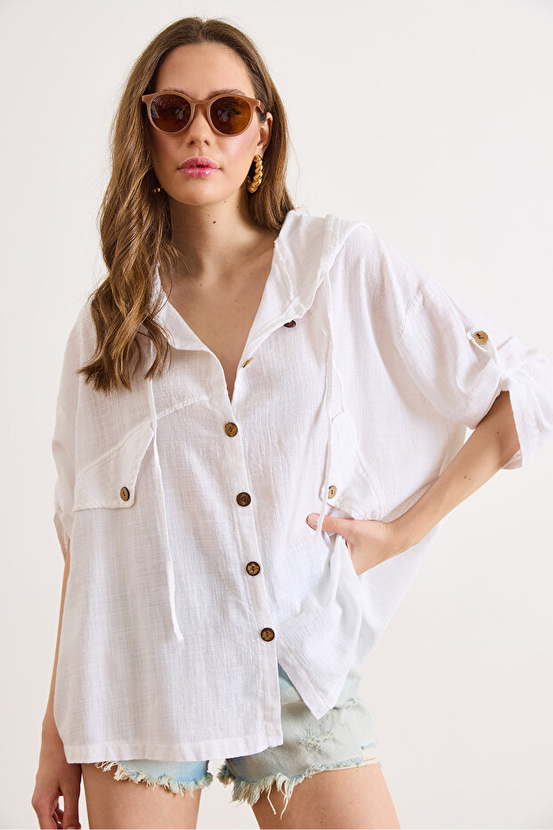 Women's White Boho Accessory Pocket Hooded Washable 100% Cotton Thin Jacket Ckt-19000517