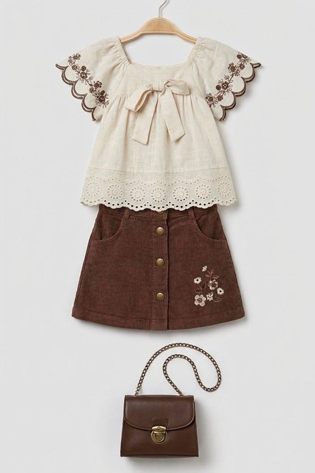 My Little Girl's Embroidery Detailed Ruffle Sleeve Blouse, Velvet Skirt and Bag - 3-Piece Set for Girls - a