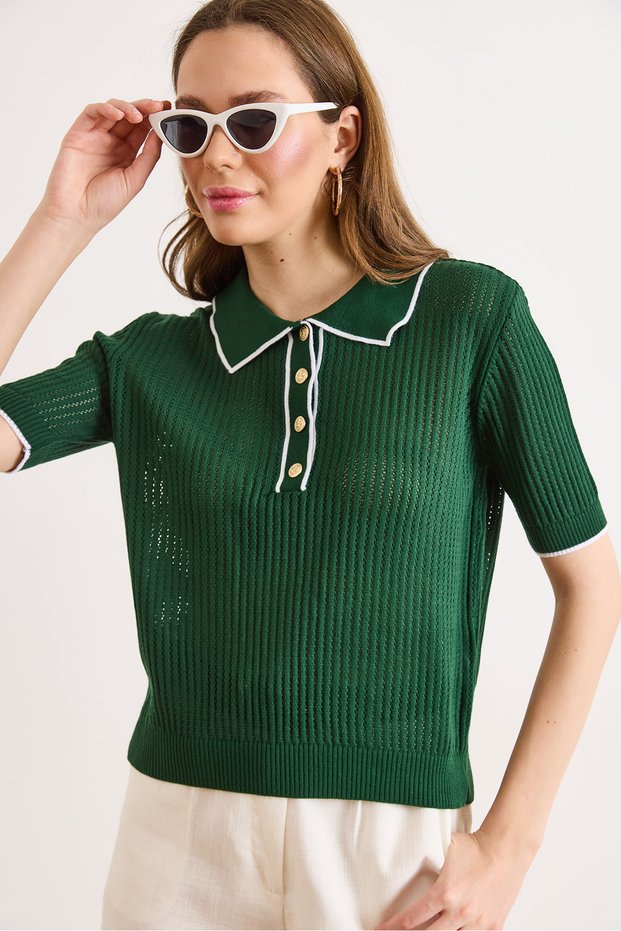 Women's Emerald Green Stripe Detailed Polo Collar Openwork Knitwear Blouse Blz-19003227