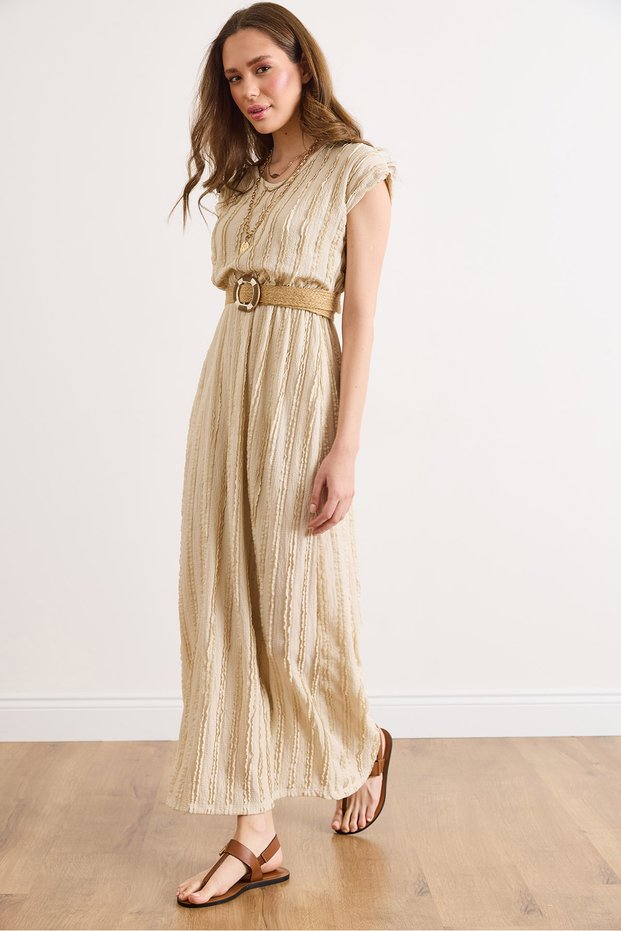 Women's Beige Crew Neck Elastic Waist Maxi Textured Dress Elb-19002617