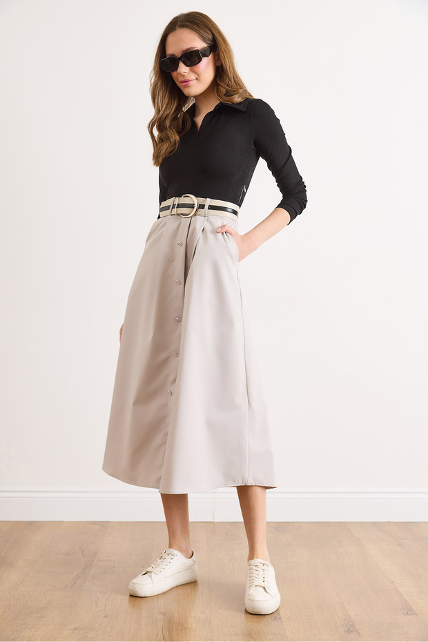 Women's Stone Polo Collar Belted Skirt with Pockets and Buttons Dress Elb-19002615
