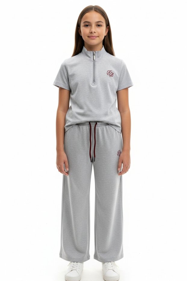 Girl's 2-Piece Set: Stand Collar Half-Zip Short Sleeve Embroidered T-Shirt & Elastic Waist Loose Pants