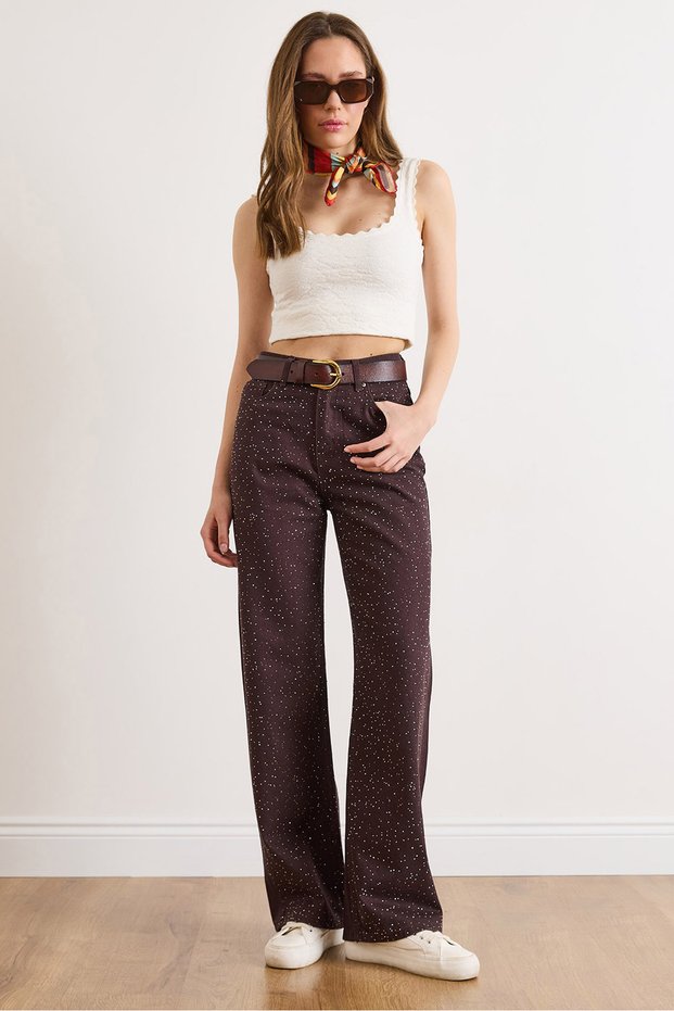 Women's Brown Pocketed Wide Leg Denim Trousers with Stone Detail on the Front Pnt-19000398